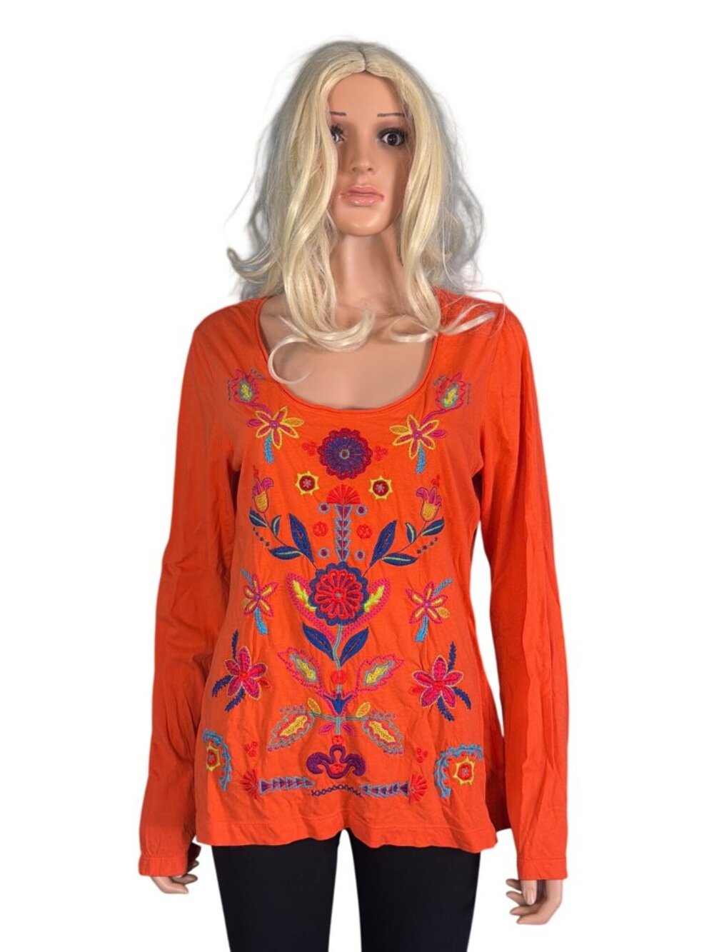 Johnny Was Women’s Large Orange Embroidered Floral Long Sleeve Boho Top